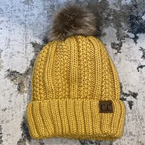 C.C Cable Knit Fleece Lined Beanie Mustard Faux Fur Pom Skull Cap Excellent